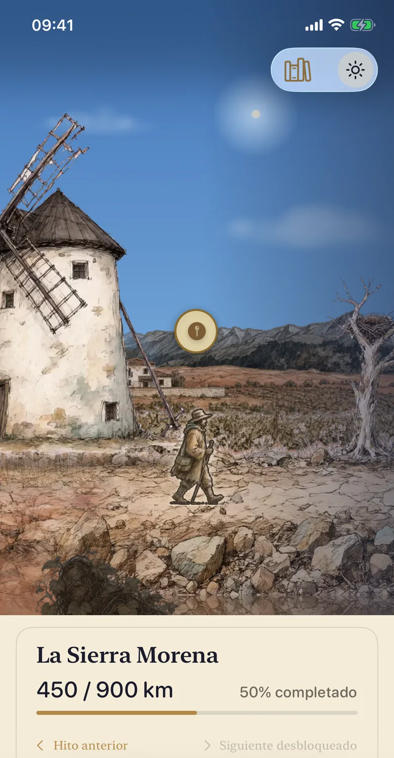 Der Reisebildschirm von Mythonauta: Don Quijote geht an einer Windmühle der Mancha vorbei, darunter der Fortschritt der Route