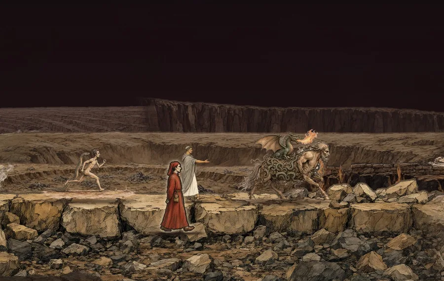 Dante und Vergil zwischen den Dämonen in den Gräben der Hölle, lavierte Tuschezeichnung