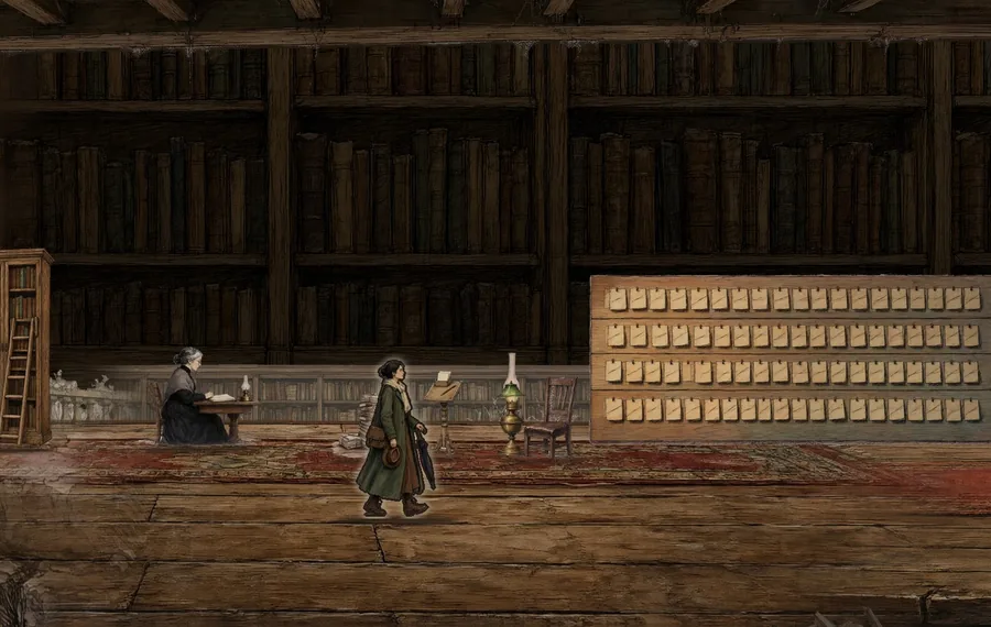 La salle de lecture de la bibliothèque, une femme qui écrit à son bureau et le marcheur qui passe, dessin à l'encre et au lavis