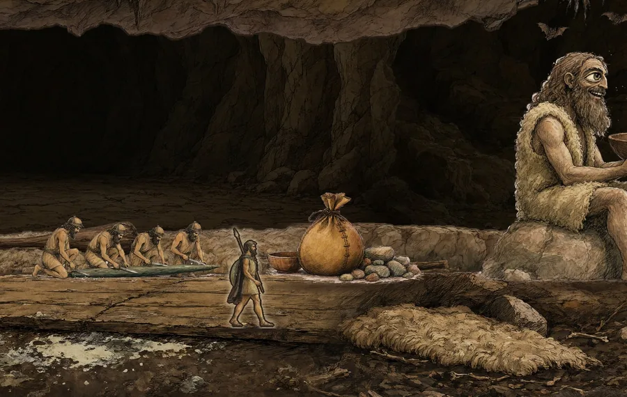 Polyphème assis dans sa caverne près des hommes d’Ulysse, dessin à l’encre et au lavis