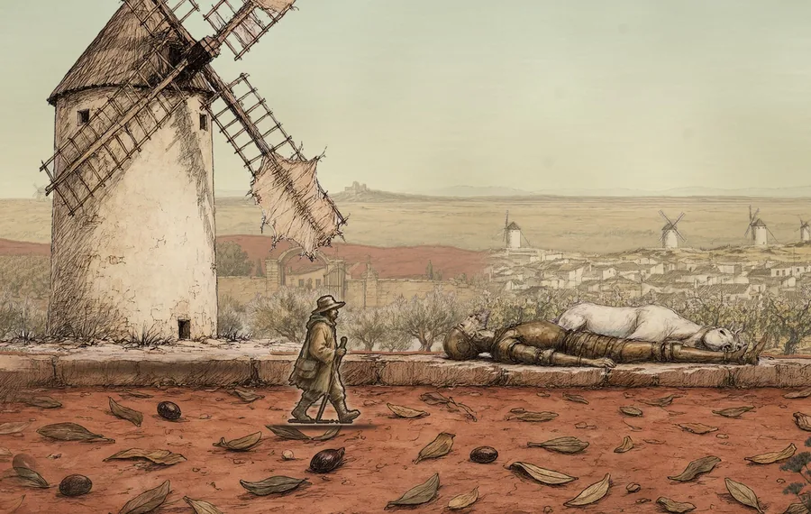 Don Quichotte tombé à terre à côté de Rossinante, au pied d’un moulin à vent, dessin à l’encre et au lavis