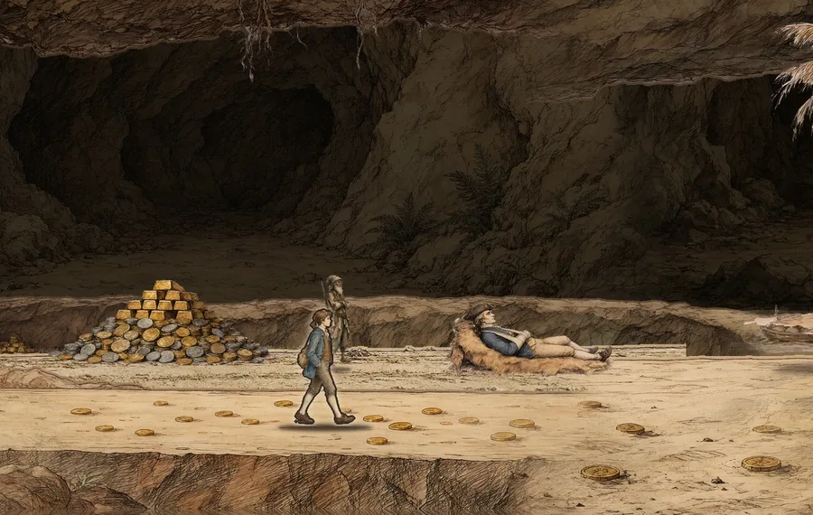Jim in der Höhle, in der das Gold des Schatzes gestapelt liegt, lavierte Tuschezeichnung