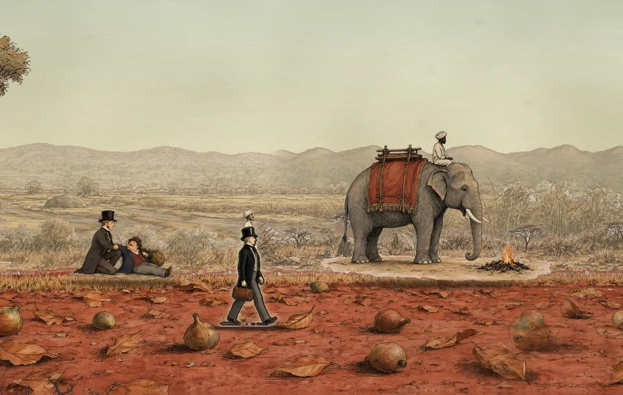 Phileas Fogg und Aouda ruhen neben dem Elefanten Kiouni, lavierte Tuschezeichnung